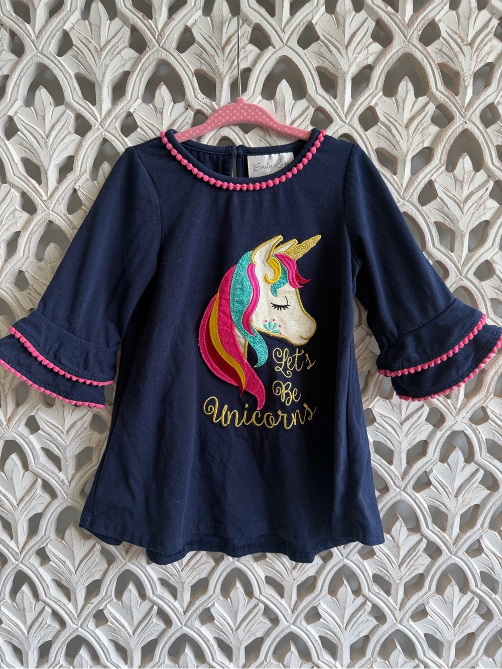 Emily Rose Navy Unicorn Long Sleeve Top with Pink Trim, 4T